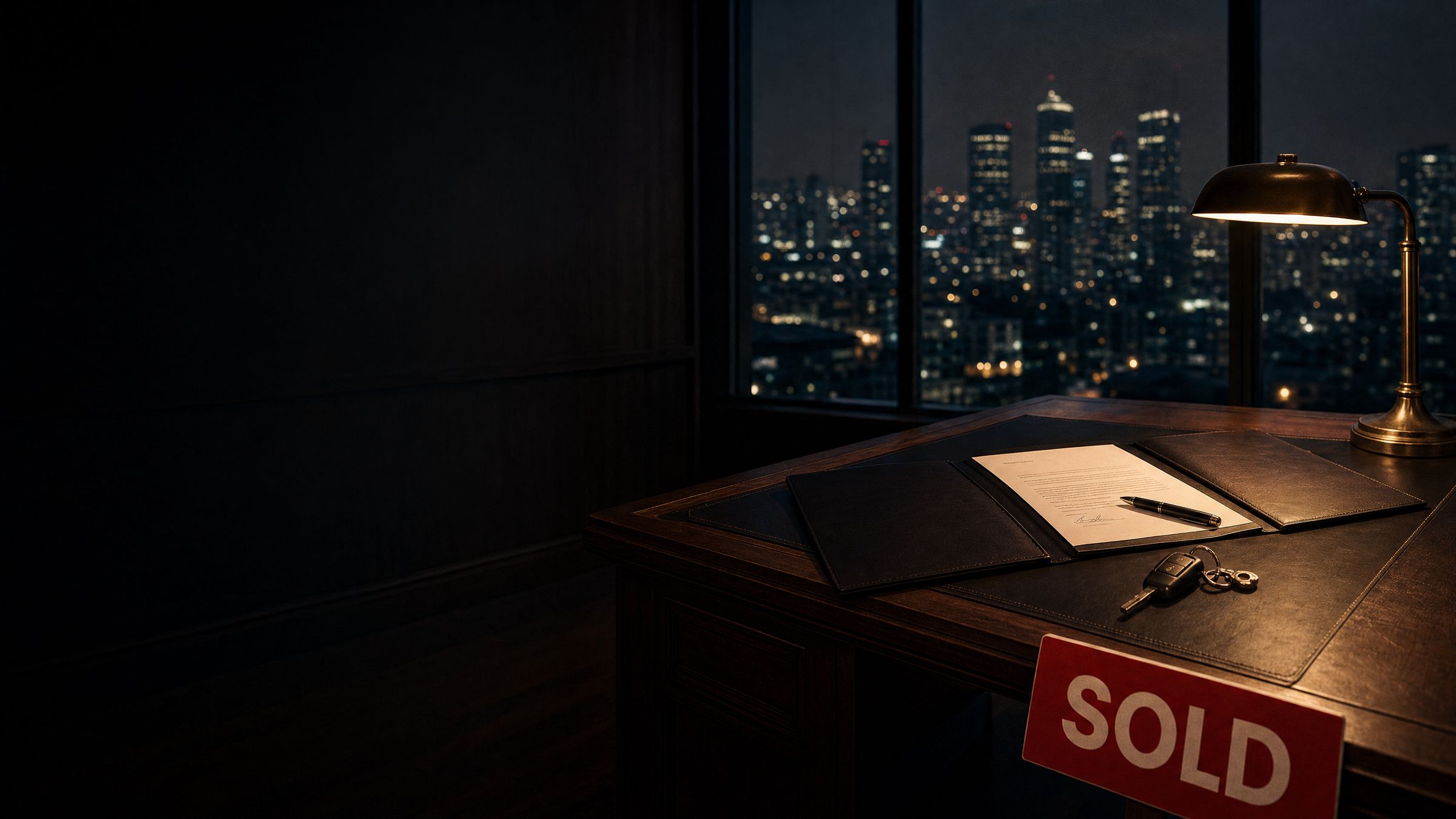 An estate agent's desk at night with a signed offer and a SOLD board