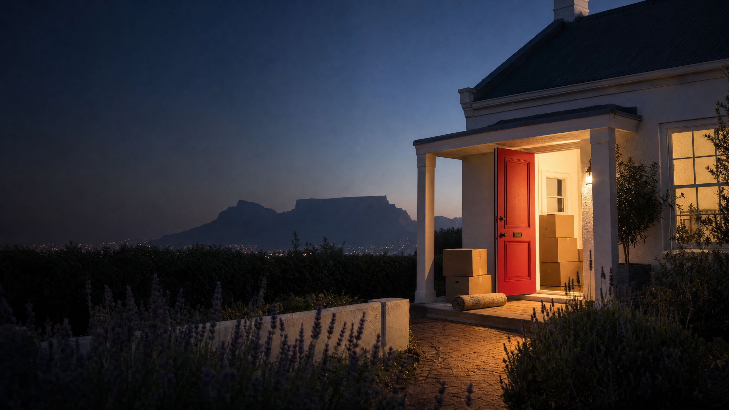 A Cape Town home at dusk, its red front door open and moving boxes inside